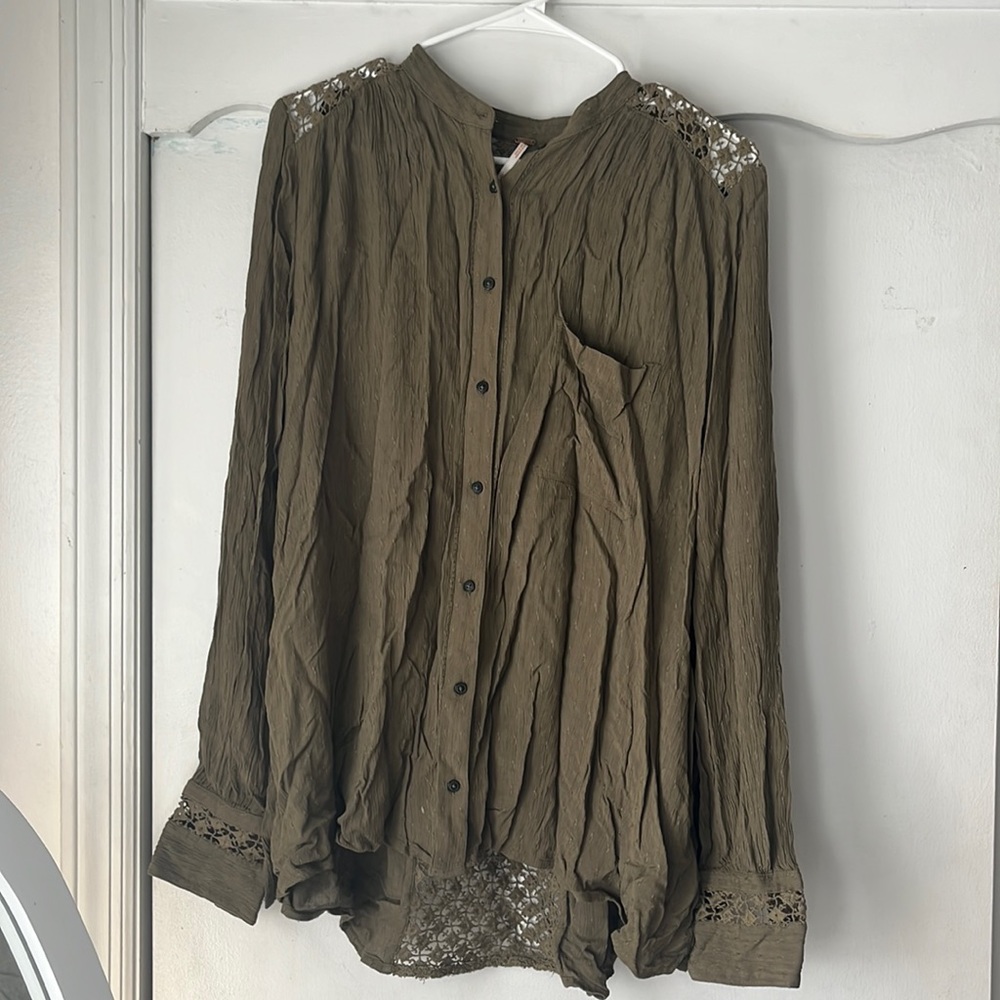 Free People army green button down flowy shirt
